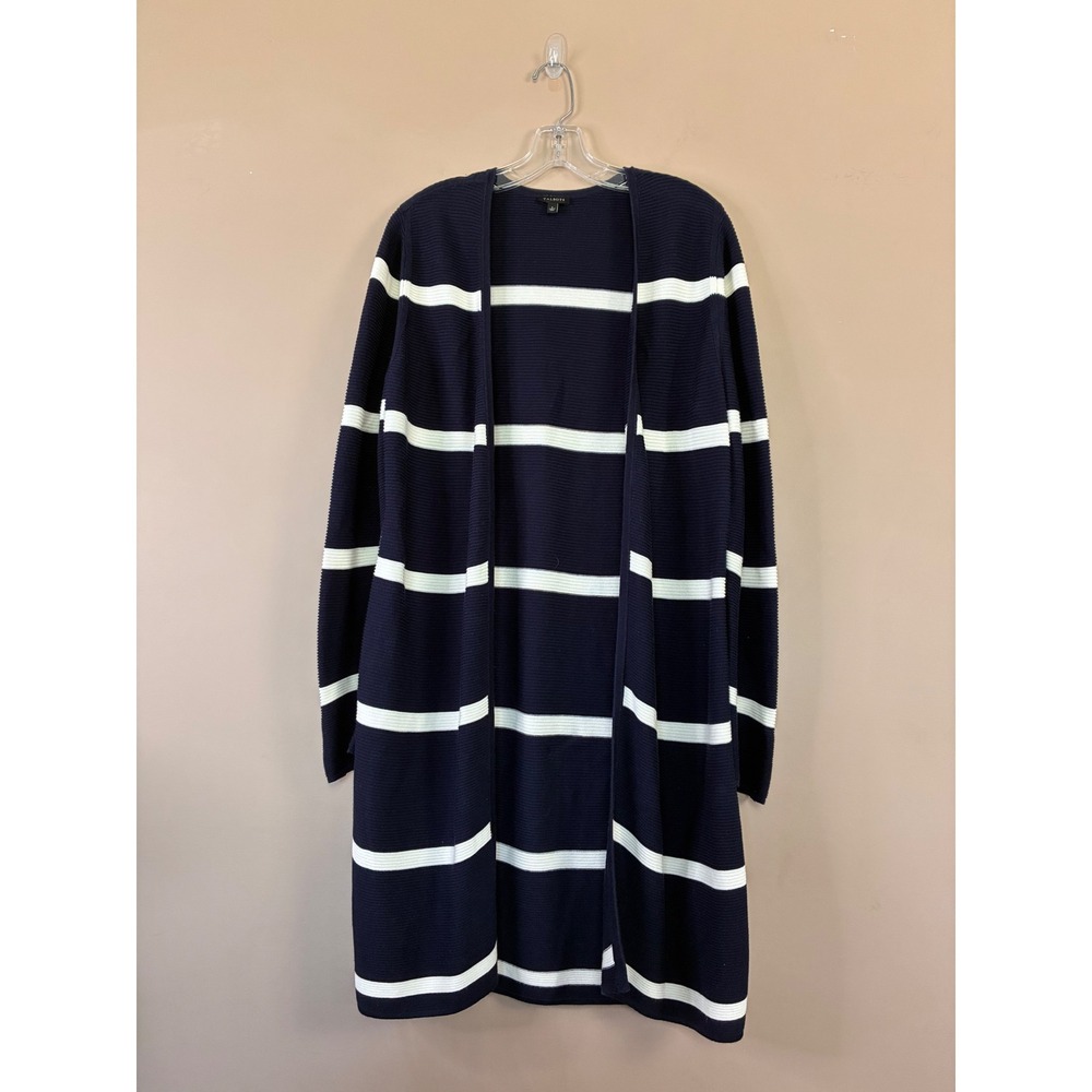 Talbots Womens Navy Blue White Striped Ribbed Open Front Duster Cardigan Large